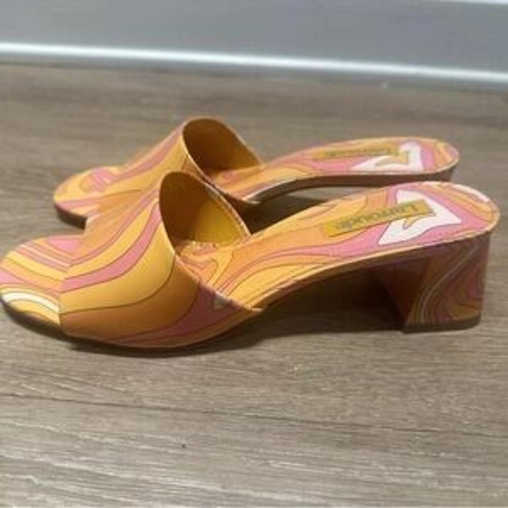 Larroude Brigitte Acqua Wave Print Mules in Orange/Pink - 6.5